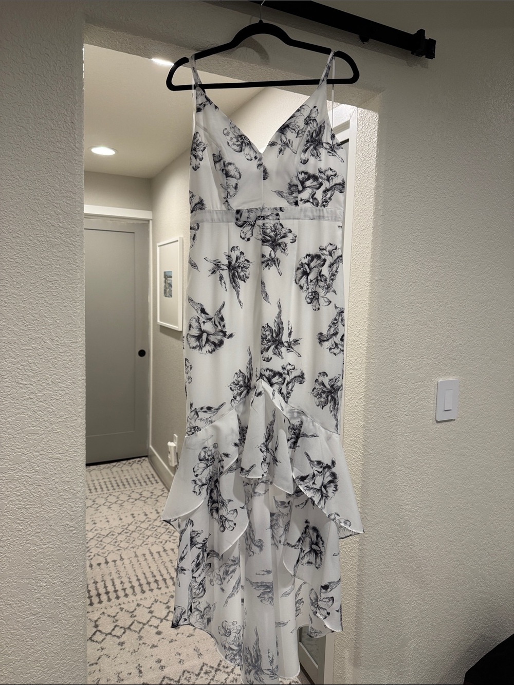 Lulu's White Dress with Black Floral Print High-Low Ruffle Hem